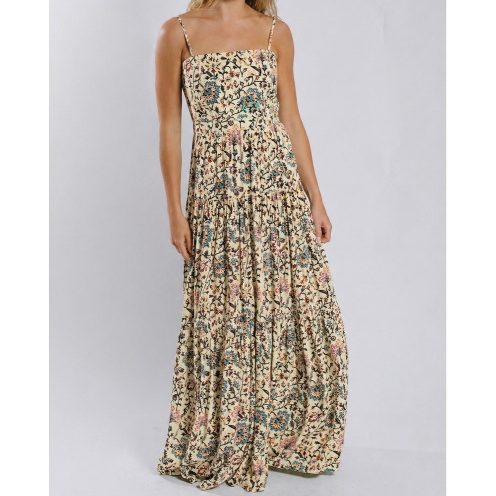 RAGA Deema Tiered Floral Romantic Bohemian Cream Maxi Dress Sz Small
